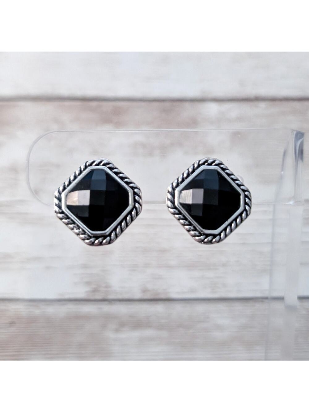Vintage TJC Clip On Earrings Black & Silver Tone